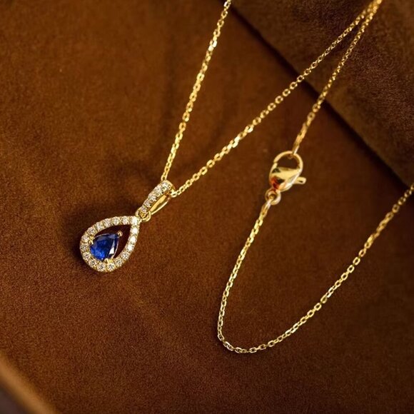 NEW 14k Yellow Gold Diamond Sapphire Necklace Pear Cut Necklace - Picture 5 of 7
